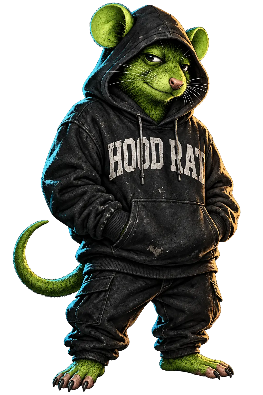 The full green HOOD RAT mascot wearing a charcoal hoodie printed with HOOD RAT.