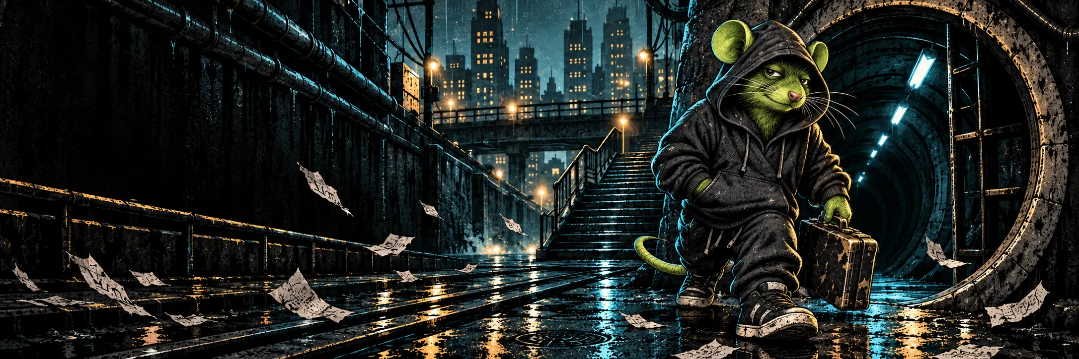 The green HOOD RAT mascot walking out of a tunnel into a rainy financial district with a battered briefcase.
